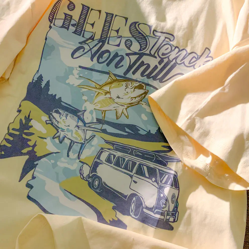 Pure cotton Japanese milk yellow cartoon car print short-sleeved T-shirt for men and women trendy loose and versatile clothes Street King Limited