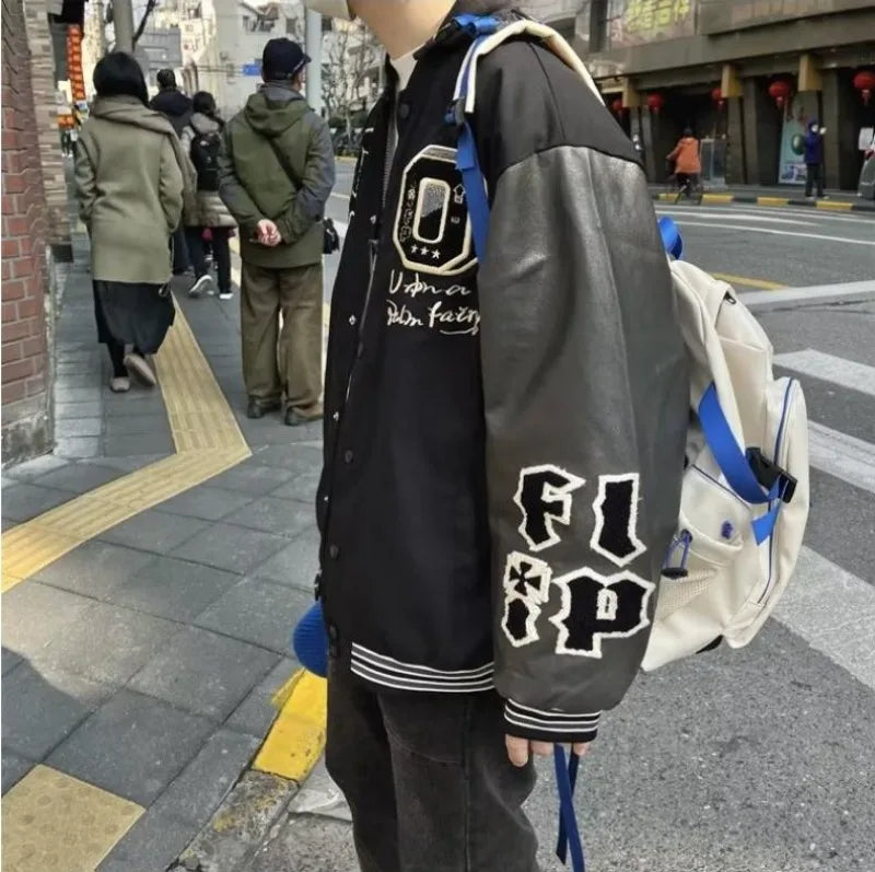 american retro mens baseball uniform street harajuku patchwork leather loose jackets color block towel embroidery trend coats unique default style 2917