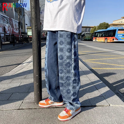 rainbowtouches bandana paisley pants mens high street color matching full print straight hip hop retro legged casual pant unisex clean everyday pants