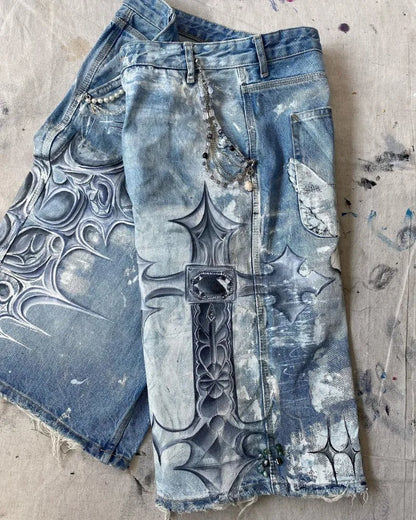 y2k american street retro graffiti anime print oversized denim shorts men shorts high waist fashion loose casual wide leg pants unique jeans style 3364