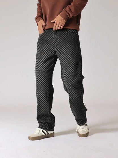 men streetwear fashion hip hop loose casual print black plaid denim pant jeans man vibe straight cowboy baggy jeans trousers unique jeans style 1444