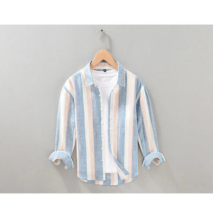 Linen Vertical Striped Long-Sleeved Shirt Men's Summer Thin Breathable Three-Quarter Sleeve Cotton And Linen Artistic Shirt Street King Limited