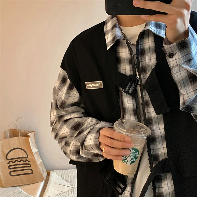 Streetwear New Fake Two Piece Zip Plaid Cargo Shirts Mens Japanese Streetwear Fas 2024 New Fake Two Piece Zip Plaid Cargo Shirts Mens Japanese Streetwear Fashion Social Shirt Autumn Long Sleeve Baggy Y2K Shirt Fashion Sweater Jacket With Graphic Design For Men