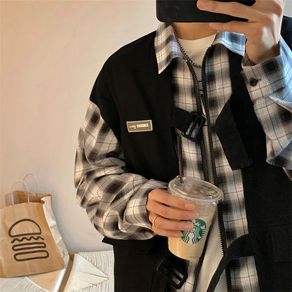 Streetwear New Fake Two Piece Zip Plaid Cargo Shirts Mens Japanese Streetwear Fas 2024 New Fake Two Piece Zip Plaid Cargo Shirts Mens Japanese Streetwear Fashion Social Shirt Autumn Long Sleeve Baggy Y2K Shirt Fashion Sweater Jacket With Graphic Design For Men