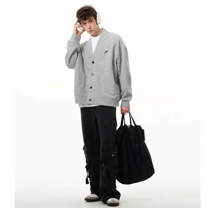 American V-neck Mens Cardigan Spring New Embroidered Casual Loose Couple Knitted Coats Single Breasted Solid Sweater Jackets Street King Limited