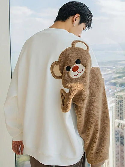 Long-sleeved Round Neck Sweater Lamb Hair Embroidery Flocking Sweater Loose Warm Winter Men's Bear Street King Limited
