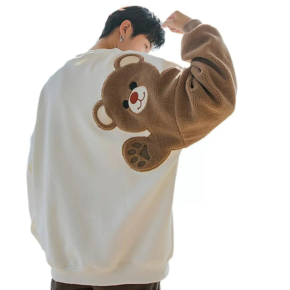 Long-sleeved Round Neck Sweater Lamb Hair Embroidery Flocking Sweater Loose Warm Winter Men's Bear Street King Limited
