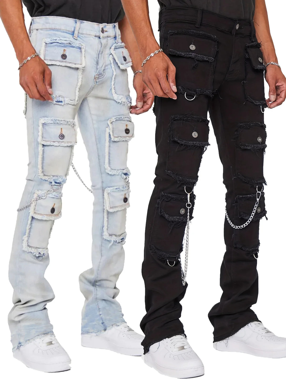 heavy industry multi pockets design denim cargo pants mens streetwear men clothing y2k aesthetic elastic slim fit jeans for man multi-pocket cargos