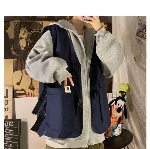 Fake two-piece coat men's ins, trendy Japanese functional workwear hooded jacket, autumn European and American retro trend tops Street King Limited
