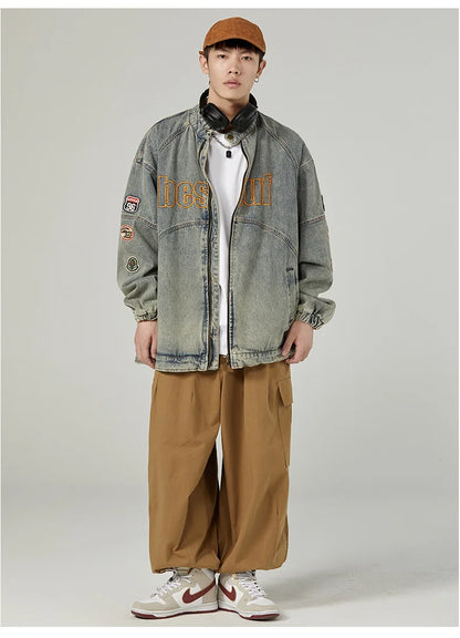 high street vintage washed denim jacket men american style embroidery label stand collar ruffian handsome motorcycle jeans coats unique jeans style 5389