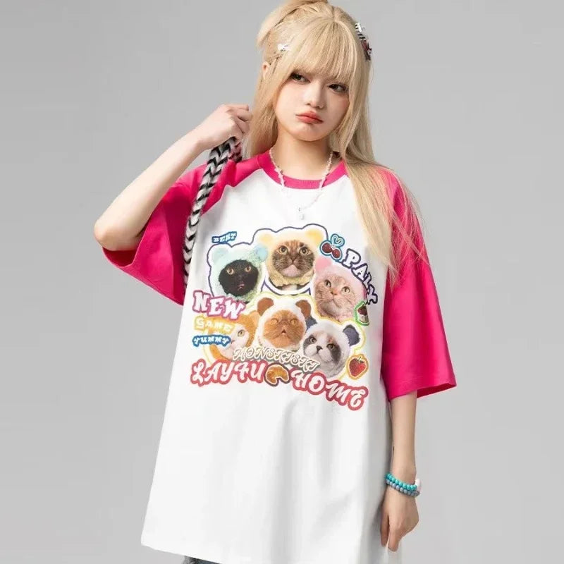 Cat t-shirt women printed raglan sleeves loose casual round neck cute couple half-sleeves y2k top women clothes harajuku kawaii Street King Limited