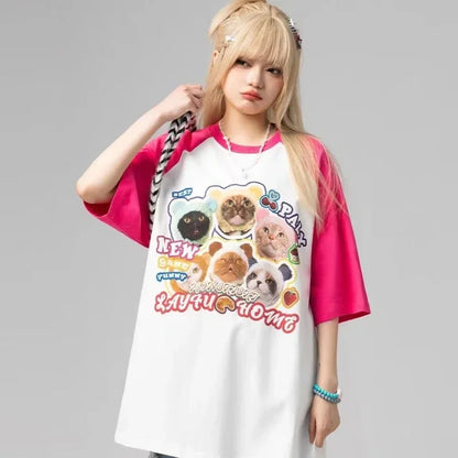 Cat t-shirt women printed raglan sleeves loose casual round neck cute couple half-sleeves y2k top women clothes harajuku kawaii Street King Limited