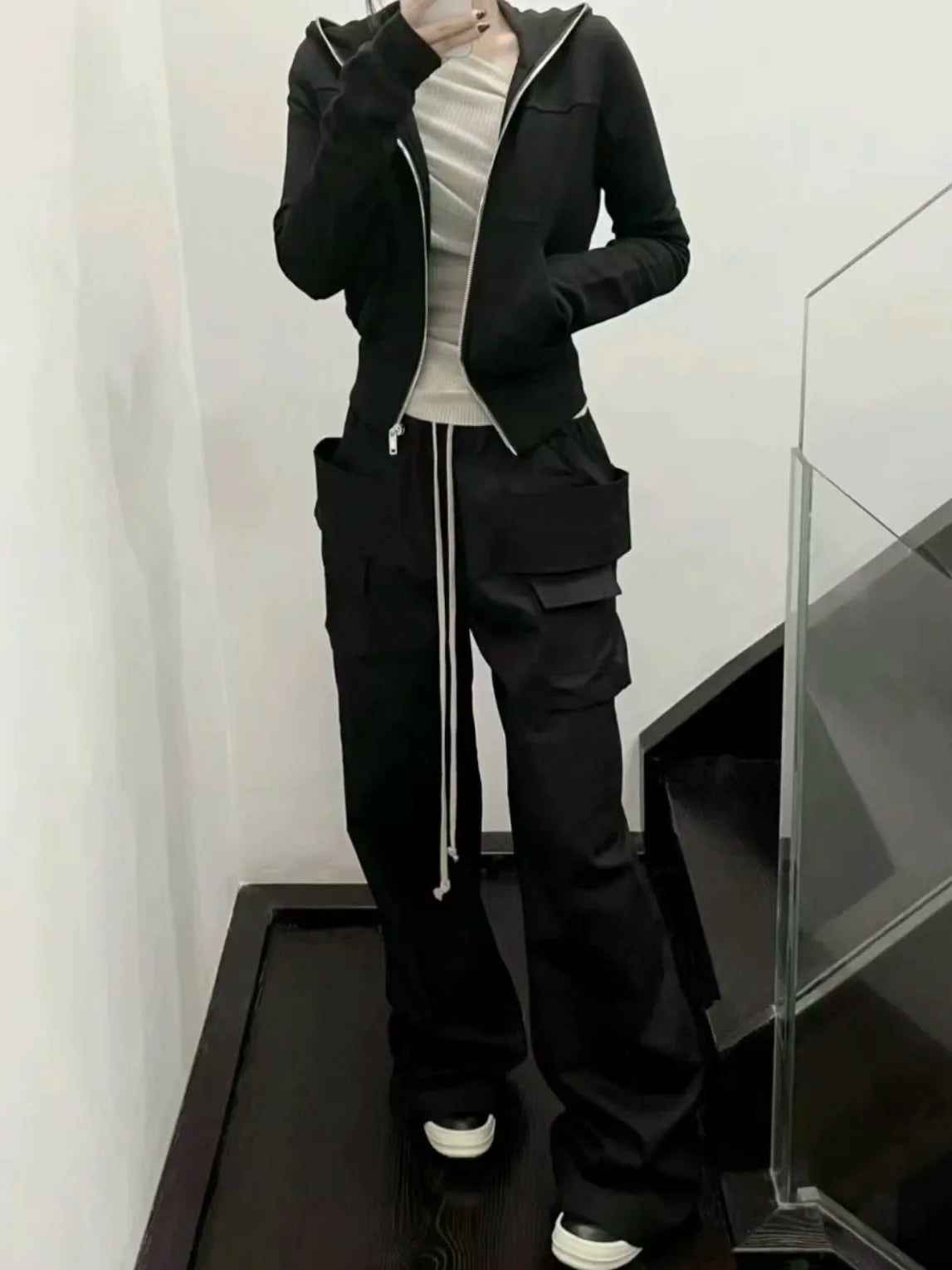 Ro Style Double Pockets Drawstring Wide Leg Cargo Pants for Men and Women Straight Black Baggy Trousers Oversized Street King Limited