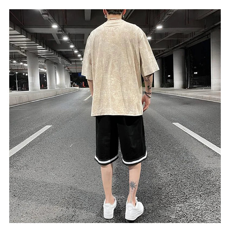 Merican Hip-hop Summer Thin Section Suede Cashew Flower Print Tshirts Tops Men and Women Loose Short-sleeved T-shirts Oversized Street King Limited