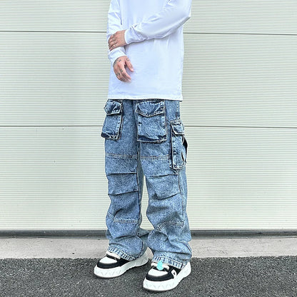 fashion loose streetwear cargo denim jeans unisex casual multi pocket wide legs jean pants hip hop joggers mens baggy jeans unique joggers style 1950