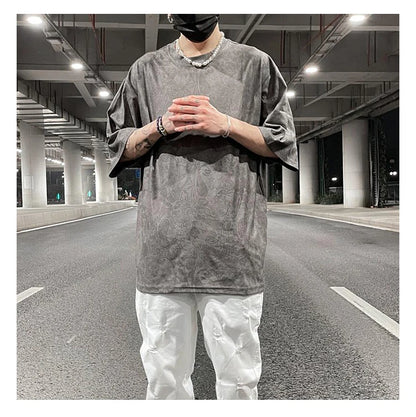 Merican Hip-hop Summer Thin Section Suede Cashew Flower Print Tshirts Tops Men and Women Loose Short-sleeved T-shirts Oversized Street King Limited