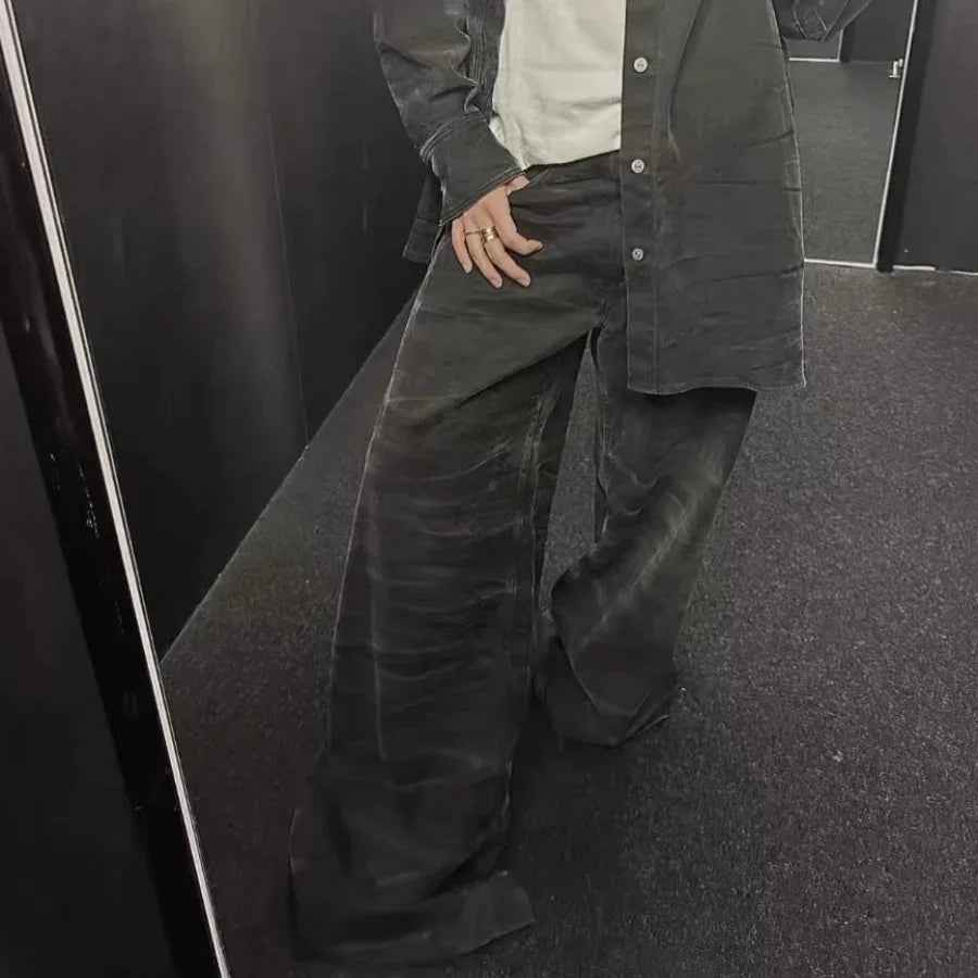 streetwear washed water wave patterned micro flared jeans for men straight pantalones hombre casual baggy denim trousers unique jeans style 4413