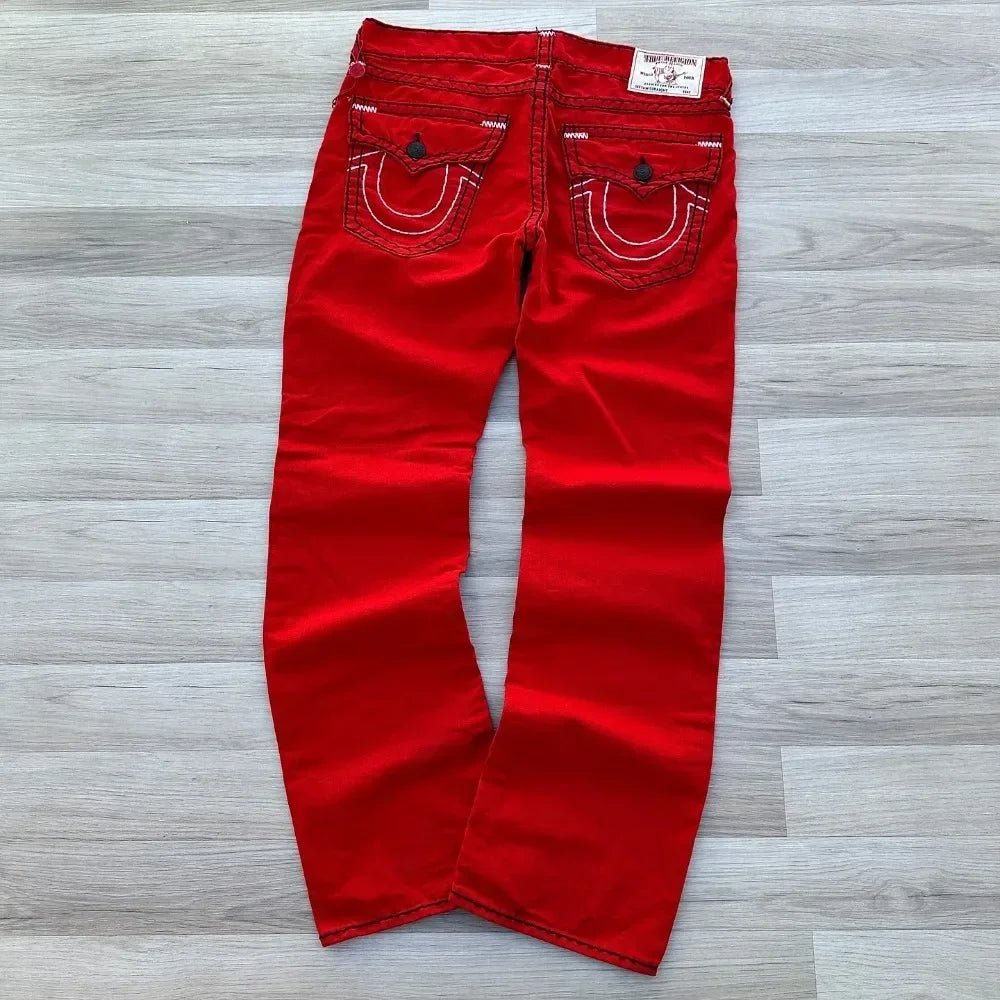 hip hop vintage red true faith embroidered jeans street gothic loose casual denim trousers couples baggy pants y2k clothes unique jeans style 3979