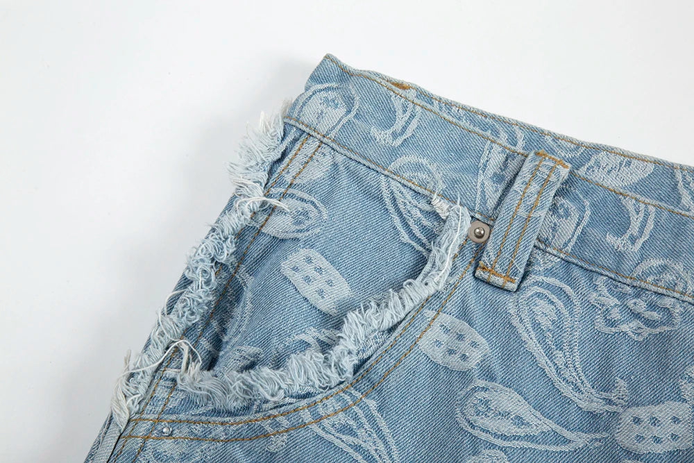 y2k frayed urban cashew flower full print patchwork baggy flare jeans for men straight pantalones hombre oversize denim trousers unique jeans style 3508