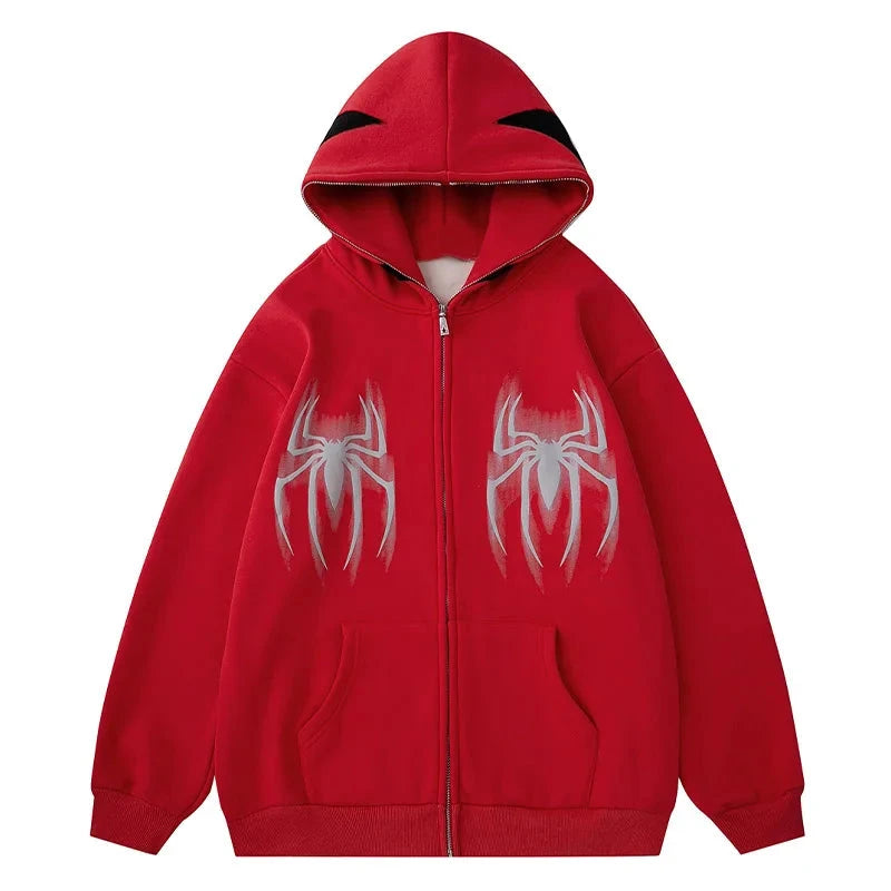 Men Full Zip Up Hooded Sweatshirt Spider Letter Graphic Print Hoodie Gothic Punk Loose Coat Harajuku Hip Hop Streetwear Unisex Street King Limited