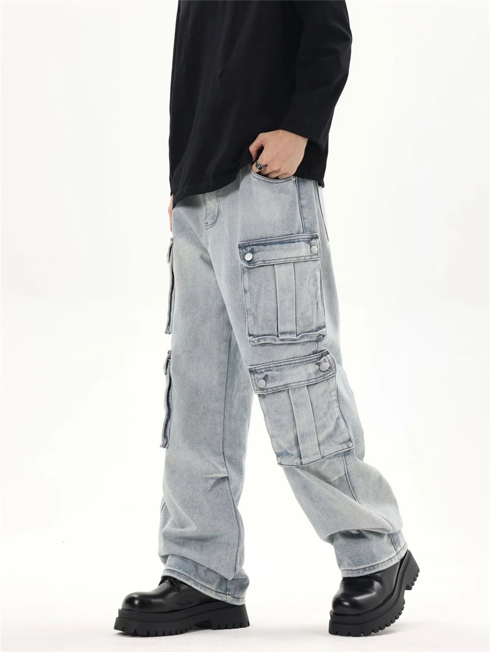 2024 multi pocket jeans vintage mens harajuku cargo denim pants retro hip hop straight loose jean pants unique cargo style 1004