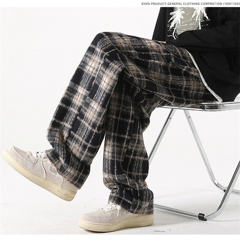 new mens y2k plaid casual baggy trousers autumn korean fashion straight woolen pants y2k vintage streetwear pantalones hombre unique default style 417