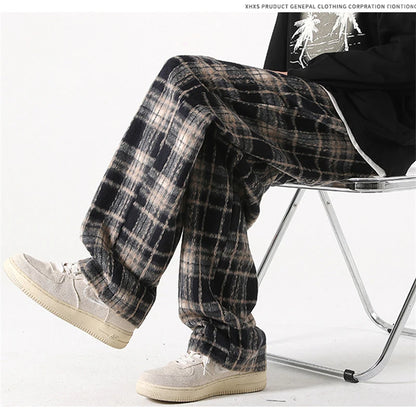 new mens y2k plaid casual baggy trousers autumn korean fashion straight woolen pants y2k vintage streetwear pantalones hombre unique default style 417