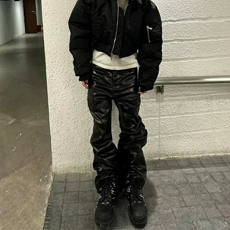 high street wide leg glossy pu leather pants sashes boot cut men and wome straight baggy casual jeans oversized flared trousers unique jeans style 3637