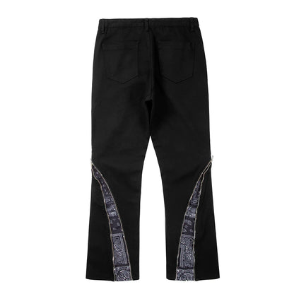 Curve Zipper Cashew Print Patchwork Jeans for Men Straight Black White Y2K Streetwear Casual Baggy Denim Trousers Oversized Street King Limited