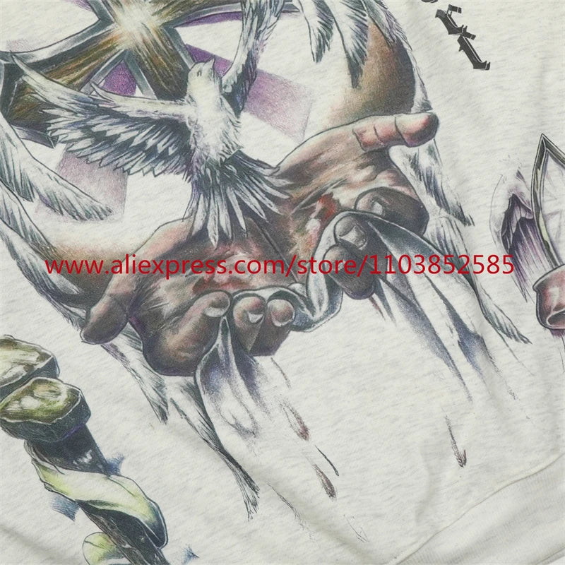 2024s Vintage Hoodie Sweatshirt Autumn/Winter High Street High Quality Cartoon Cross White Pigeon Print Oversize Tops Casual Street King Limited