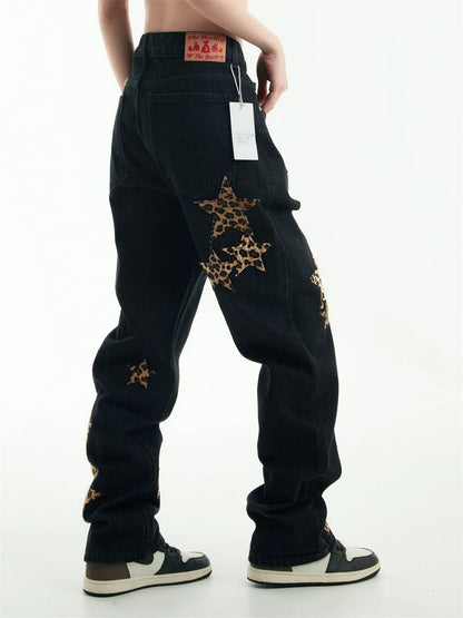 black baggy jeans men star patchwork straight denim pants fashion jeans male streetwear hip hop y2k loose trousers unique jeans style 4887