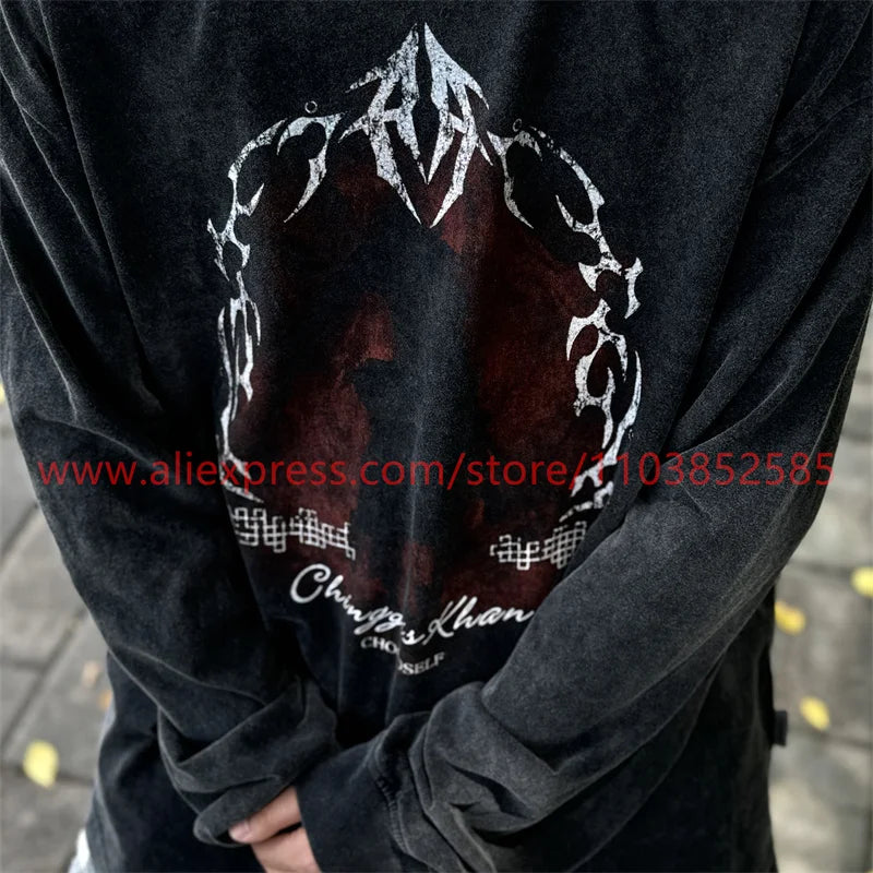 Autumn Vintage Long Sleeve T-shirt Heavy American West Coast Street Graffiti Hip Hop Style High Street Oversize Printed Washed Street King Limited