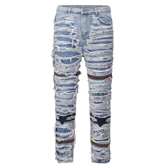 destroied ripped denim jean pants men distressed washed patchwork biker jeans fashion moustache high street slim pants joggers relaxed fit joggers