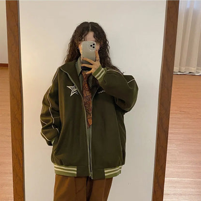 Autumn and winter new Korean star stand collar jacket y2k vintage loose embroidery plush thickened sportswear clothes women Street King Limited