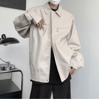 retro motorcycle pu leather jacket mens high street punk zipper decoration loose coats unisex hip hop fashion outwear spring menswear bottoms