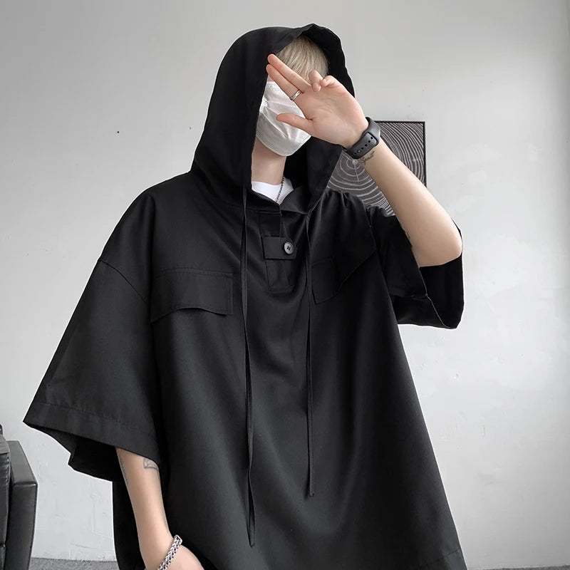 5 Colors Summer Hooded T shirt Men Korean Half Sleeve Pullover Streetwear Loose T-shirt Tops Drawstring Men Clothing Street King Limited