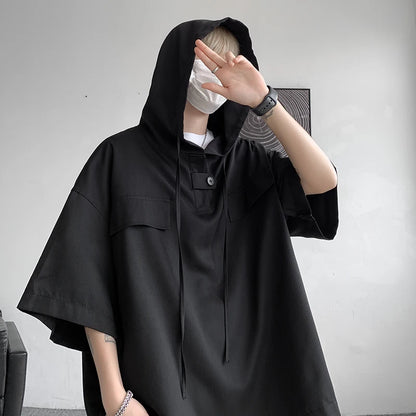 5 Colors Summer Hooded T shirt Men Korean Half Sleeve Pullover Streetwear Loose T-shirt Tops Drawstring Men Clothing Street King Limited
