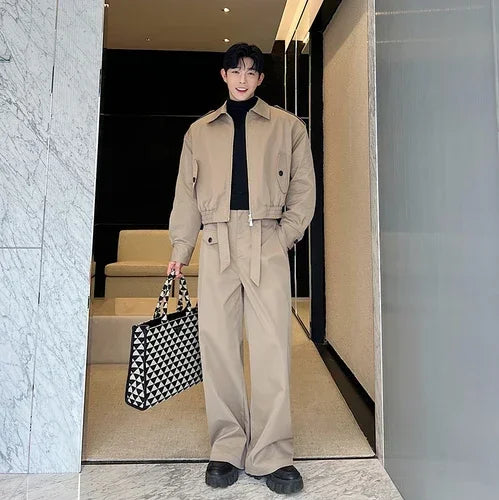 men 2 pieces sets quilted short cargo jacket pant autumn winter korean streetwear casual thicken bomber coat trousers suits unique cargo style 2658