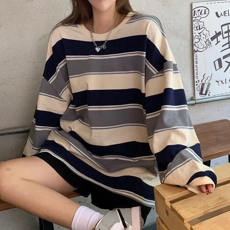 Women T shirts Striped Sweatshirt Thin tops 2024 Spring Women's Clothing Korean Fashion Couples Long Sleeve Teed y2k Pullovers Street King Limited