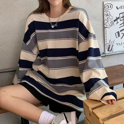 Women T shirts Striped Sweatshirt Thin tops 2024 Spring Women's Clothing Korean Fashion Couples Long Sleeve Teed y2k Pullovers Street King Limited