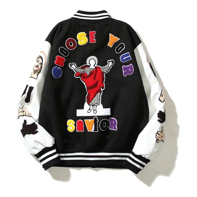 high street color block graffiti embroidery baseball jacket mens leather sleeve woolen patchwork stand oversized winter coats relaxed fit trousers