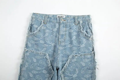 vintage high street washed light blue flared jeans cashew flower jacquard pattern rough edge jeans pants for men and women unique jeans style 925