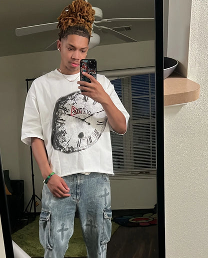 2000s Trendy Letter Portrait Clock Print Retro Loose T-shirt Y2k Harajuku High Street Round Neck Oversized Short Sleeves tees Street King Limited