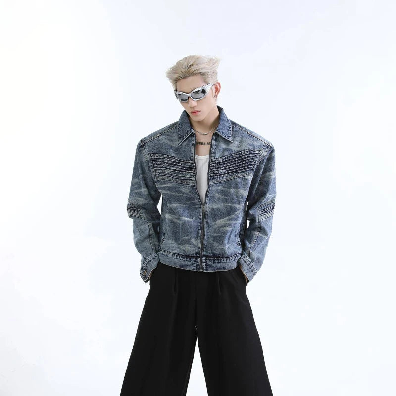 vintage washed mens denim jacket heavy weight high street contour pleat design cowboy coats short motorcycle hip hop outwear stacked flare jeans