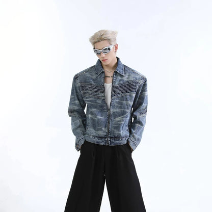 vintage washed mens denim jacket heavy weight high street contour pleat design cowboy coats short motorcycle hip hop outwear stacked flare jeans