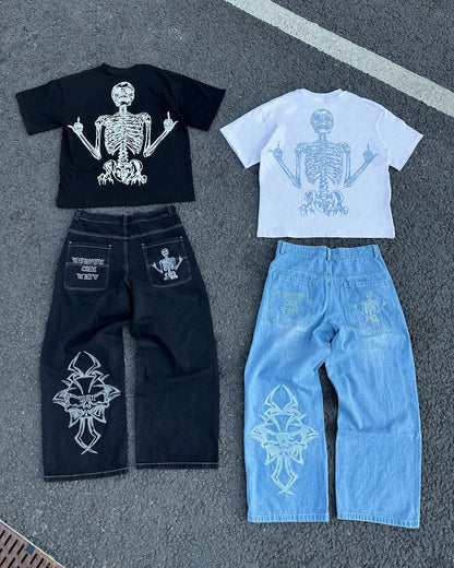 Y2K Retro American Personality Design Fashionable Loose Straight Jeans Men Street Hip-hop Harajuku All-match Floor Mopping Pants Street King Limited