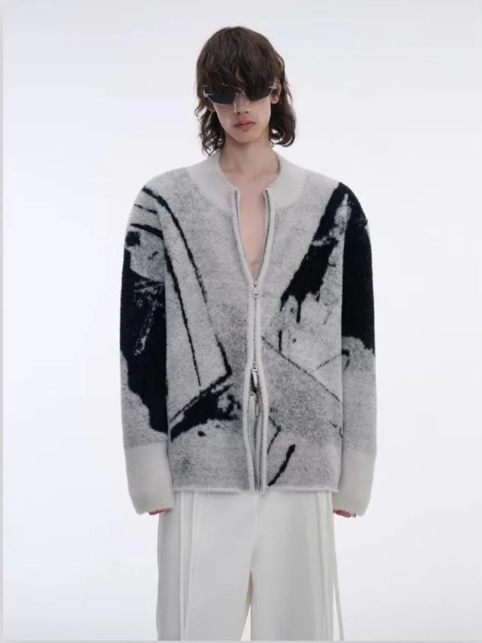 Color Blocked Gradient Cardigan Mens Imitation Mink Fur Jacquard Trend Couple Knitted Jacket Zipper High Street Sweater Coats Street King Limited