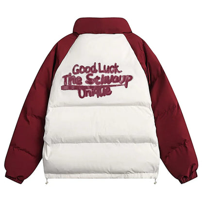 Men Down Jackets Letter Printed Stitching Stand Collar Cotton Coat American Retro Raglan Sleeve Warm Casual Puffer Unisex Street King Limited