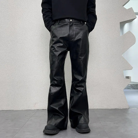 men streetwear fashion hip hop punk gothic vibe casual leather bell bottoms pant man boyfriend flared trousers menswear bottoms