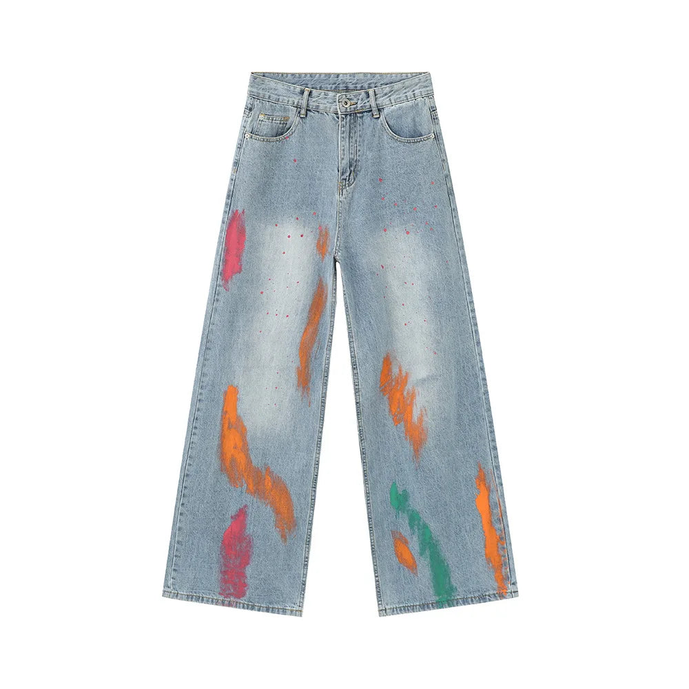 vintage graffiti baggy jeans mens streetwear hip hop loose blue denim pants hi street luxury designer jeans trousers man unique jeans style 36